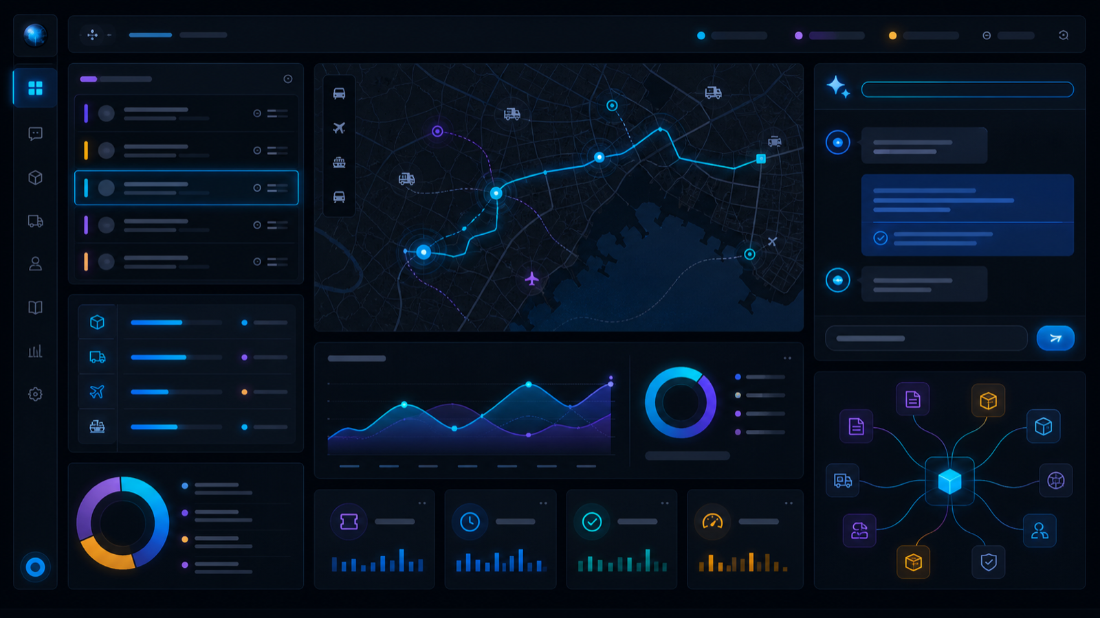 Generated product preview of an AI logistics support console and route automation dashboard.
