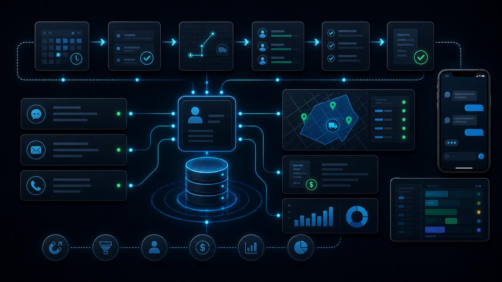 Generated automation visual showing a home-services CRM stack with booking, dispatch, and invoicing flows.