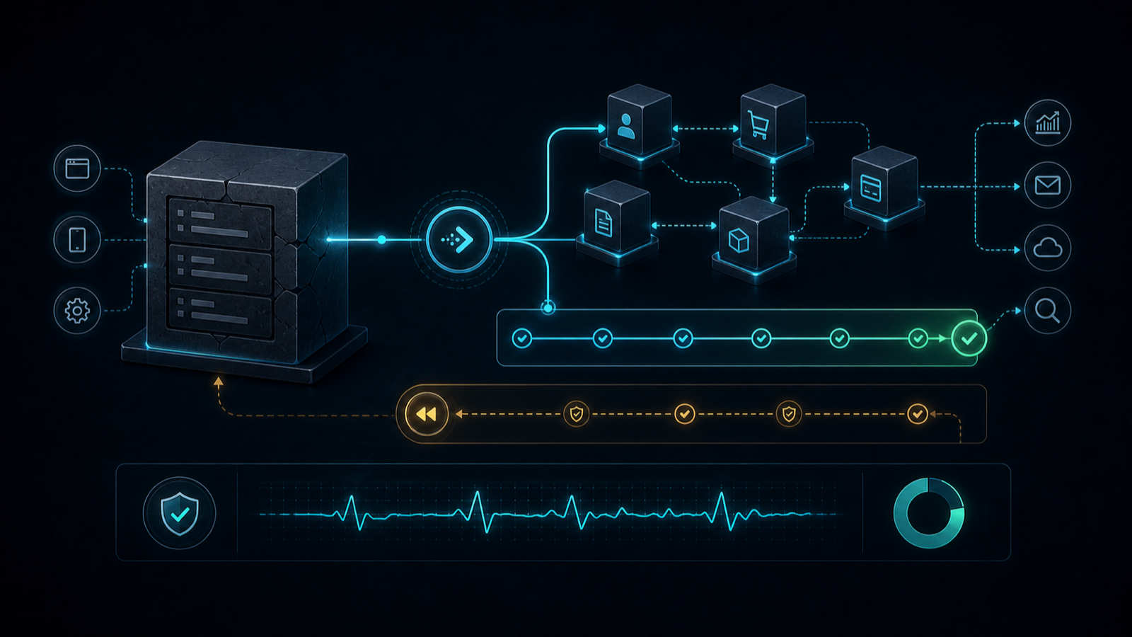 Generated modernization visual showing a legacy monolith being migrated into cleaner services.