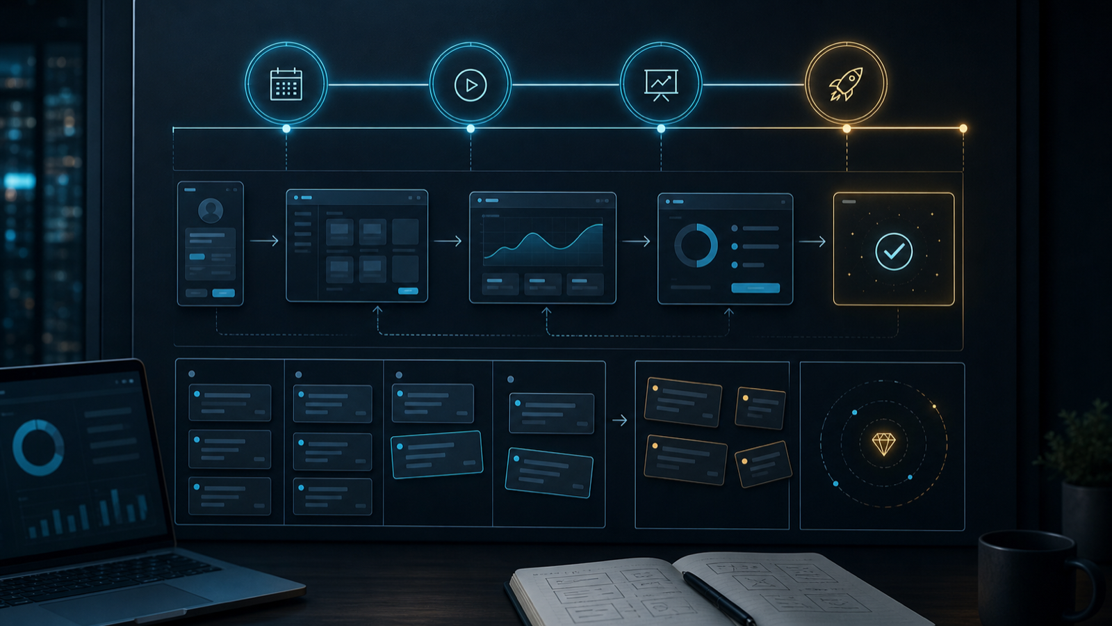 Generated founder playbook visual showing a prototype flow and investor demo timeline.